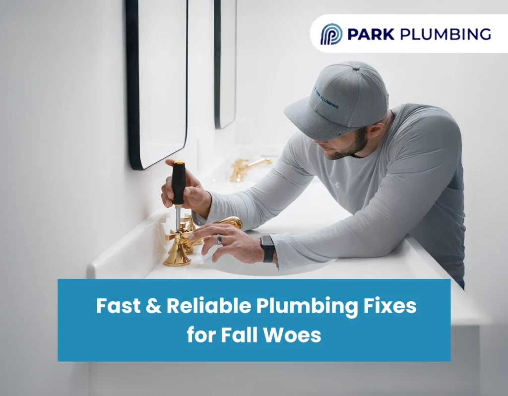 Technician providing expert fall plumbing repair services in a residential bathroom