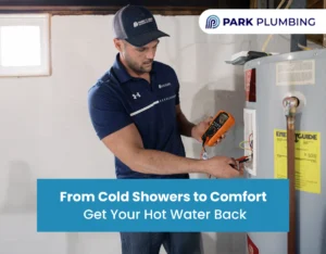 Plumber inspecting residential water heater for troubleshooting and repair