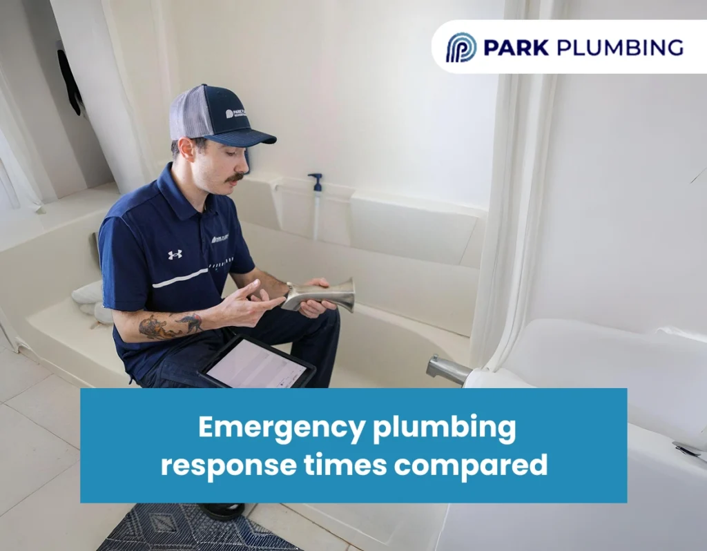 Service vehicle arriving at a residential home to handle an emergency plumbing situation.