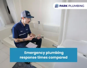 Service vehicle arriving at a residential home to handle an emergency plumbing situation.