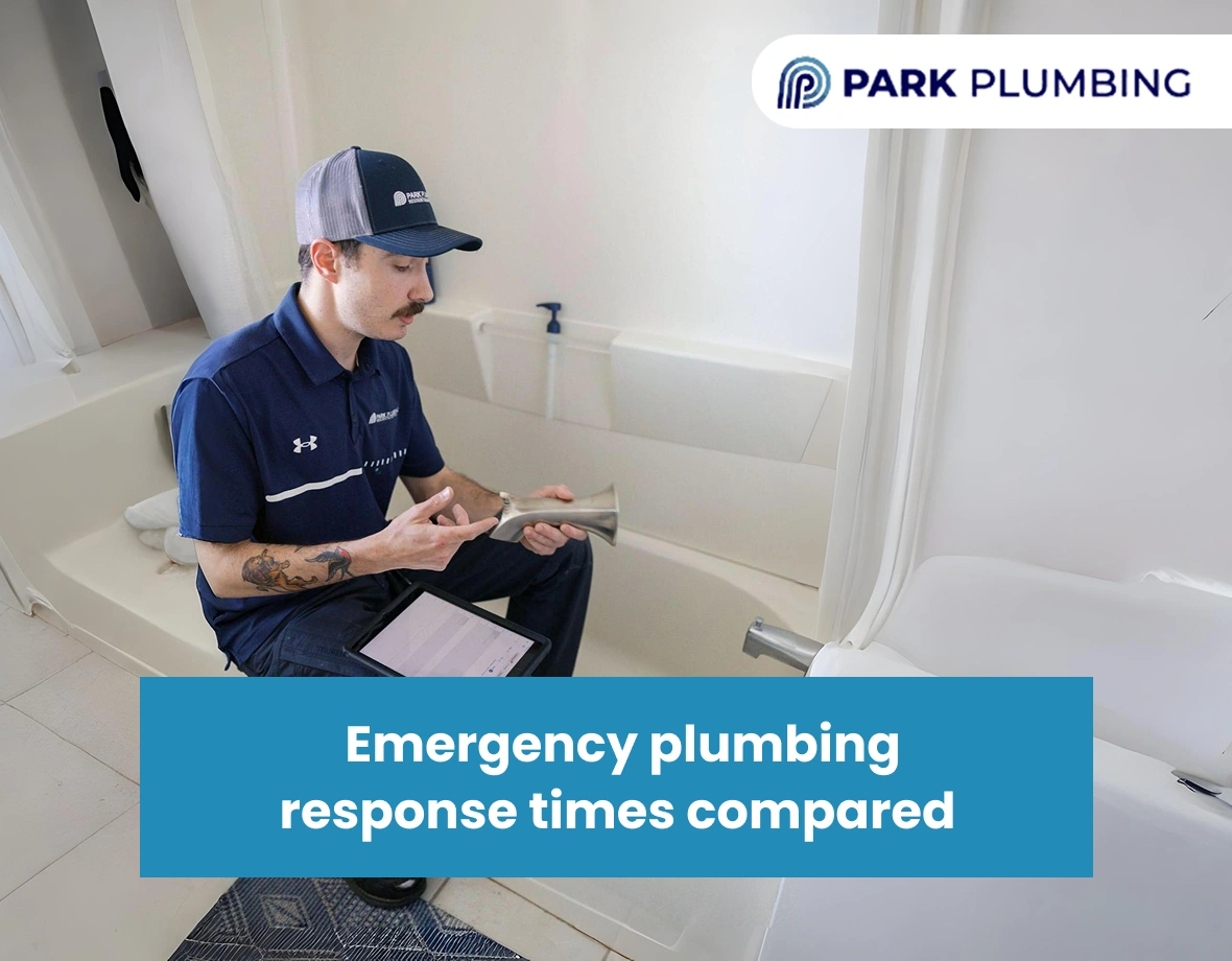 Service vehicle arriving at a residential home to handle an emergency plumbing situation.