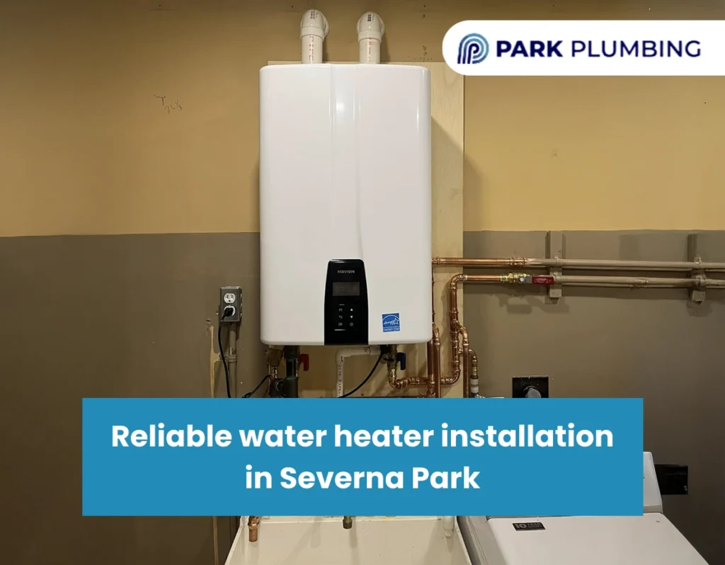 Park Plumbing technician installing a new water heater in a Severna Park home