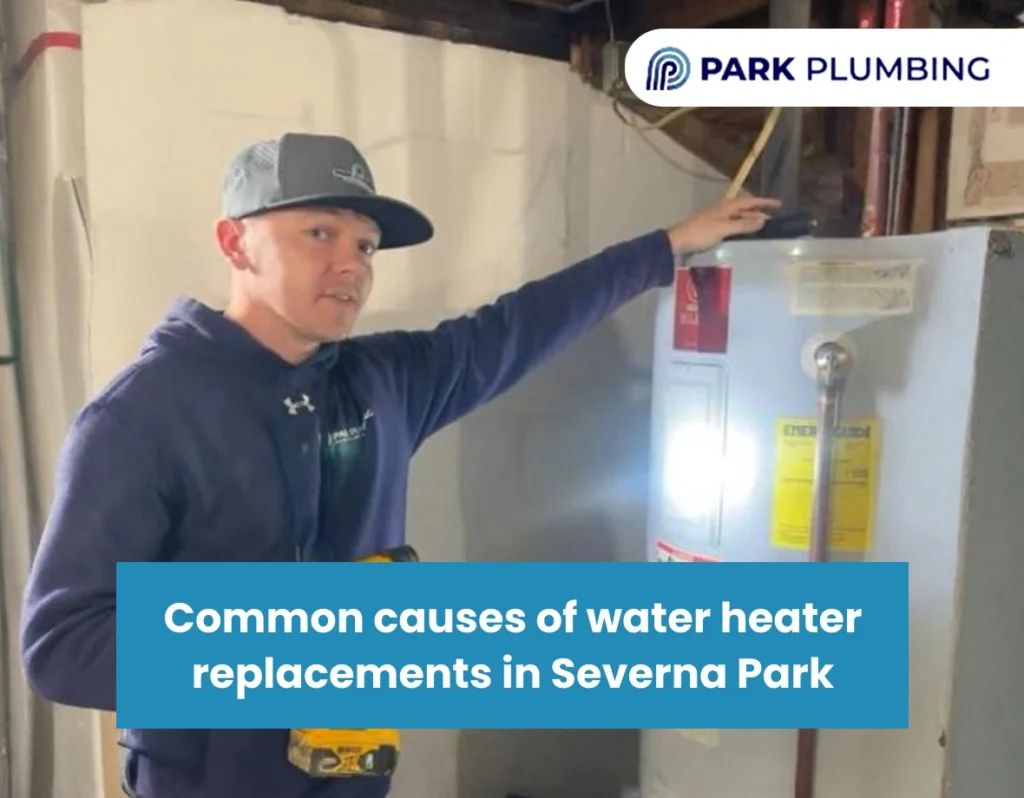 Technician checking an aging water heater during inspection in a Severna Park home